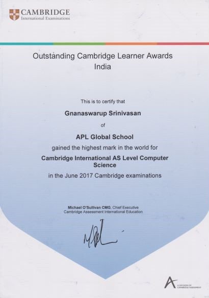 Swarup, a student of APL Global School was awarded the ‘Top in the World’ by Cambridge Assessment International Education.